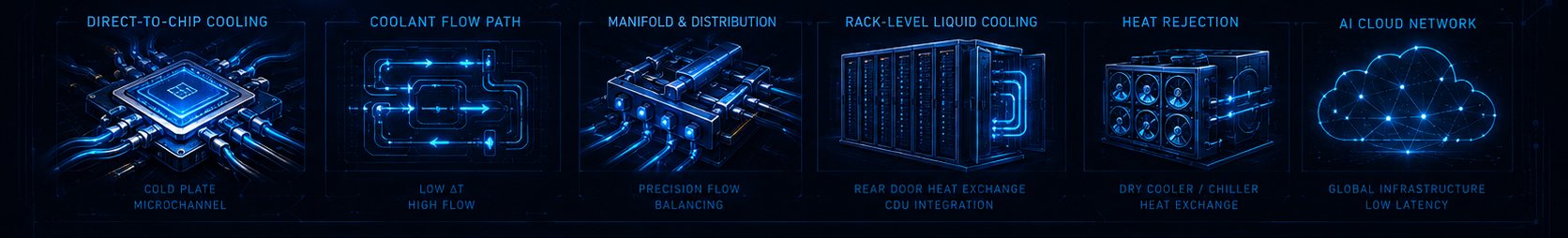 Direct-to-chip cooling, coolant flow path, manifold and distribution, rack-level liquid cooling, heat rejection, AI cloud network